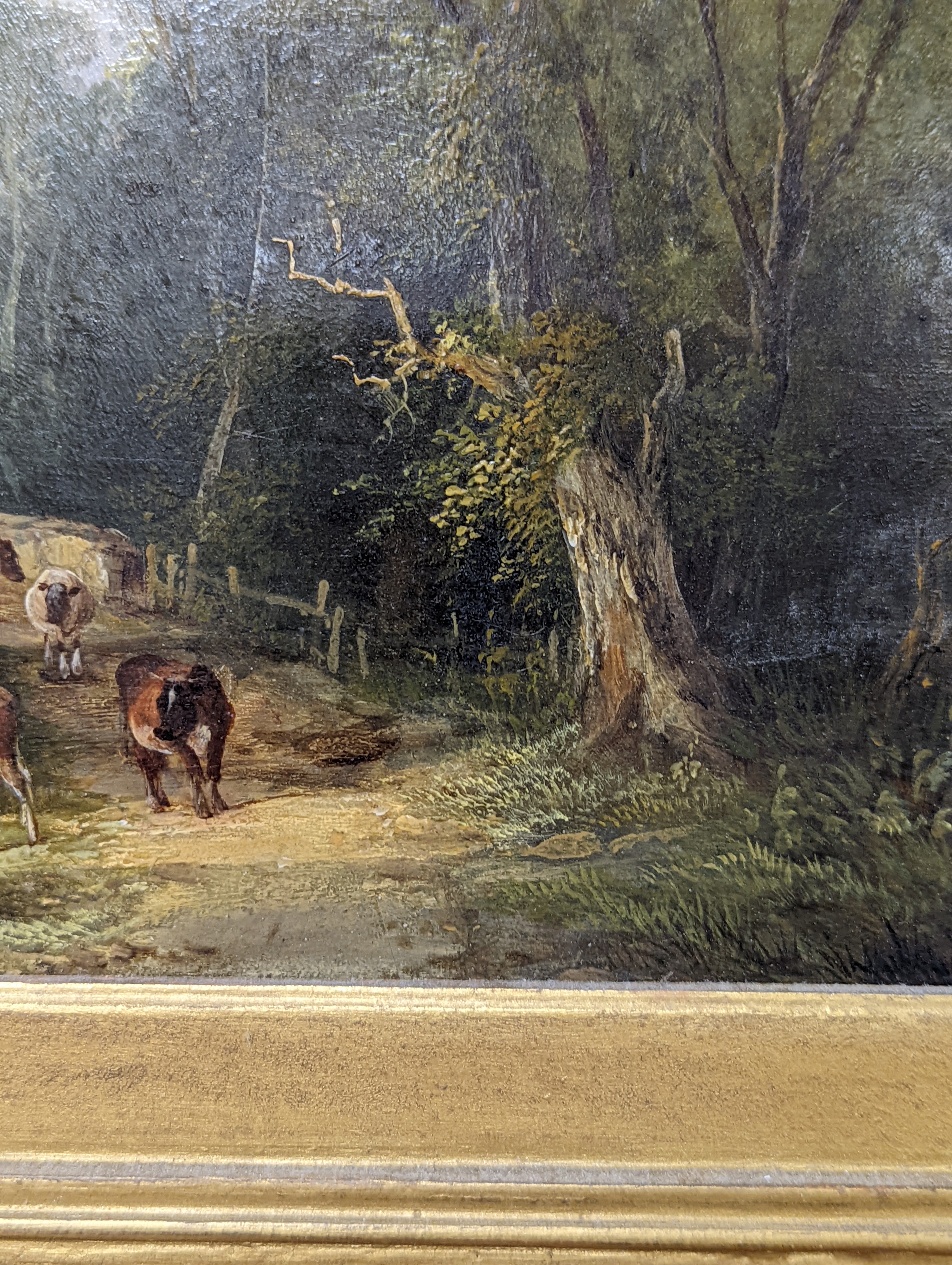 Three Victorian oils including William Shayer Senior, oil on canvas, horses watering, 19.5 x 26 cm; English school, oil on board, cows by a river, 16.5 x 24 cm and Oil on canvas Fisherman by a boat, 26 x 37 cm (3)